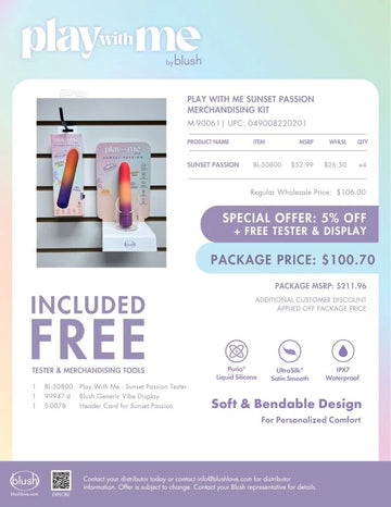 Blush Play with Me Sunset Passion merchandising kit with pricing and offer details.